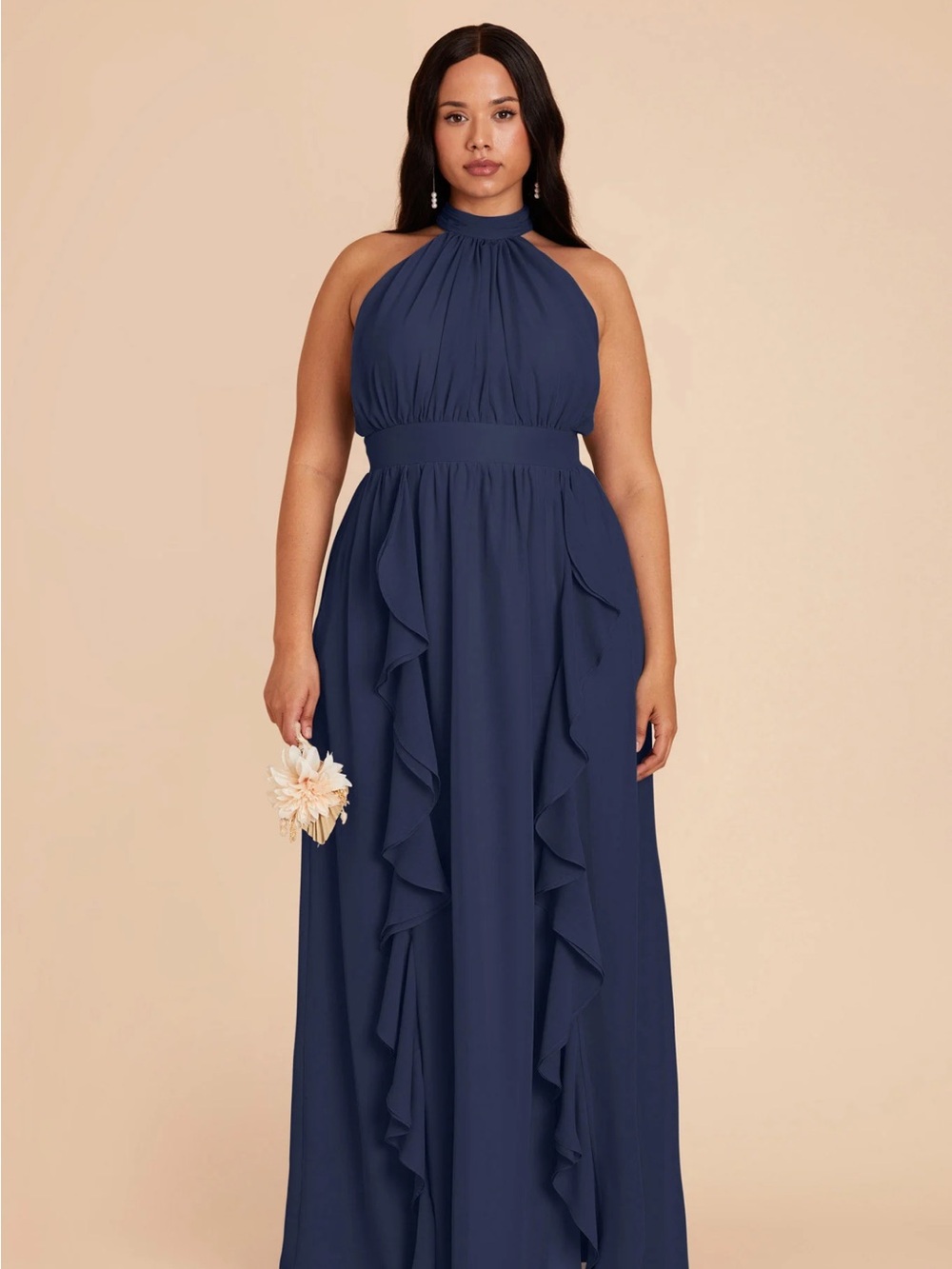 Birdy Grey Navy Halter Ruffle Maxi Dress